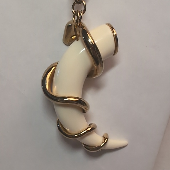 Tory Burch Horn and Serpent Pendant Necklace 29" Long Gold Tone & Cream - Picture 6 of 12